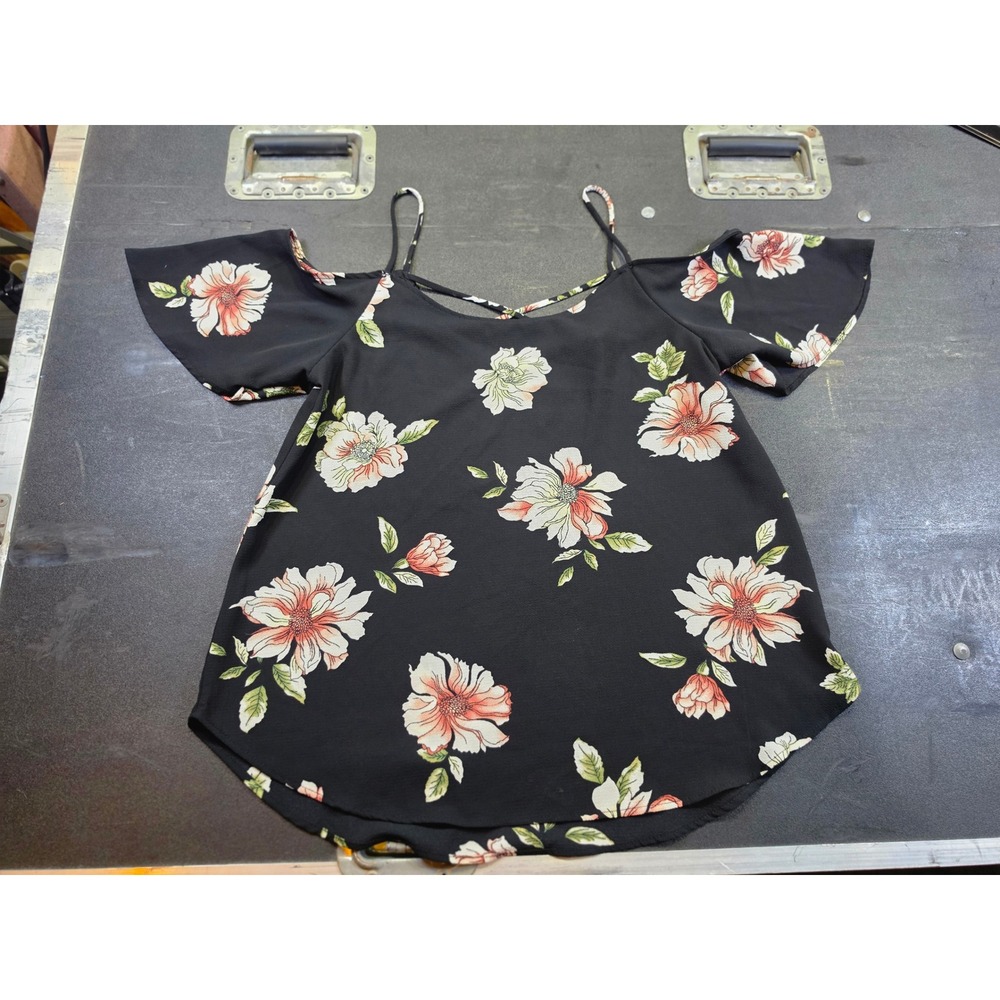 Floral Cold Shoulder Top Black Peach White Strappy Short Sleeve Blouse